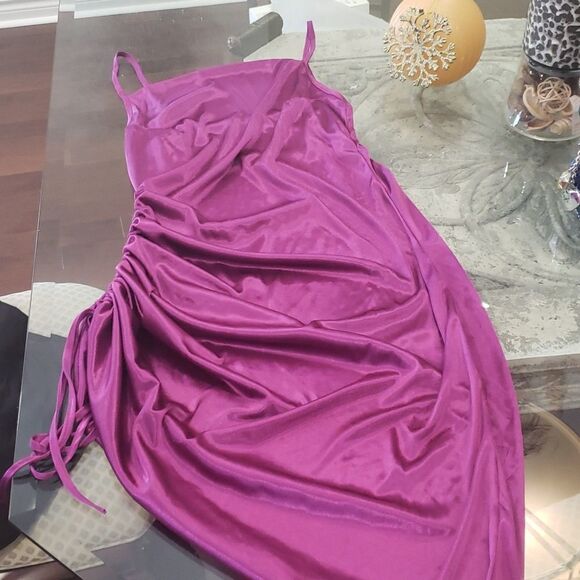 sateen Medium Sleeveless Spaghetti Strap Dress with Side Slit Midi Length - Picture 2 of 5